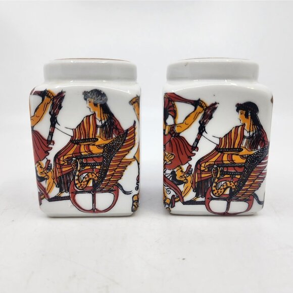 Goddess Warrior in Chariot Salt & Pepper Shakers Set Talavera White 3.25 in VTG - Picture 1 of 7
